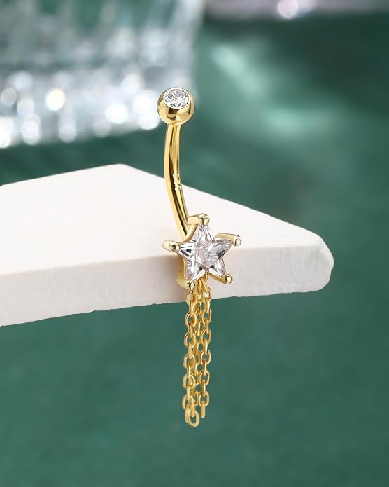 COCHARM 14K Gold Plated Belly Button Rings 925 Sterling Silver Belly Navel Rings for Women Star Navel Piercing Jewelry
