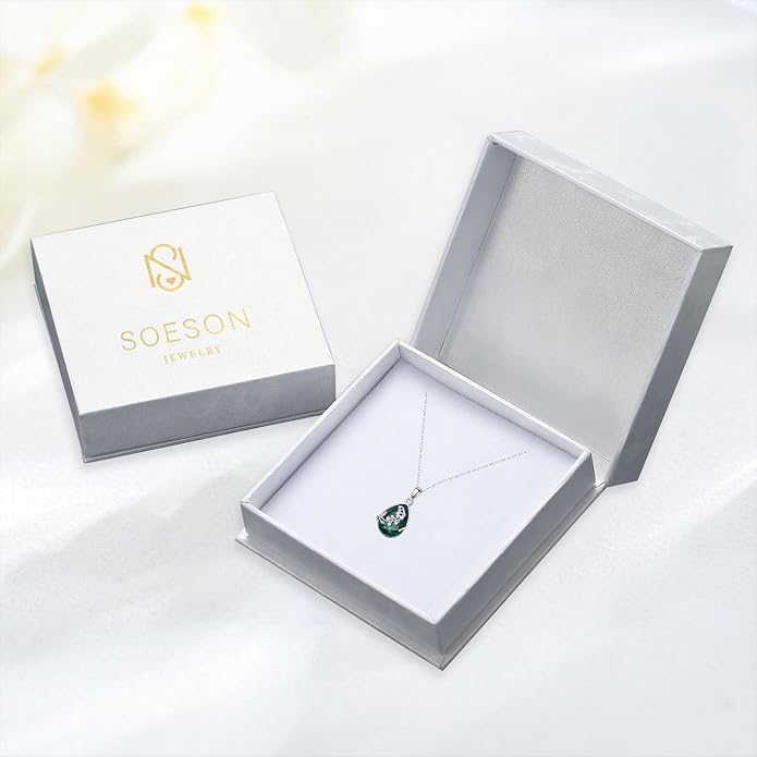 925 Sterling Silver Birth Flower Necklace with Teardrop Shaped Birthstone - 12 Colors, 12 Kinds of Flower - Ideal Birthday Jewelry Gift for Women, Mothers, Daughters & Wives