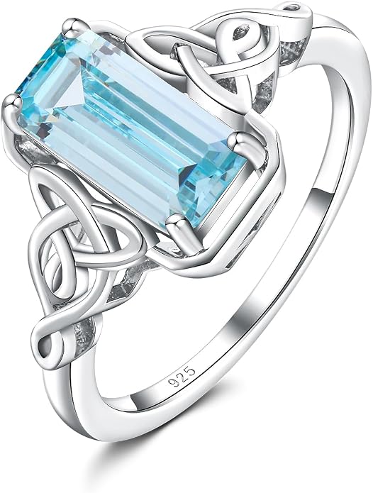 DAYBYDAY Celtic Birthstone Rings for Women, 925 Sterling Silver/18K Gold Plated Emerald Cut Celtic Knot Engagement Wedding Ring, Square Created Gemstone Promise Rings for Her Size 6-10