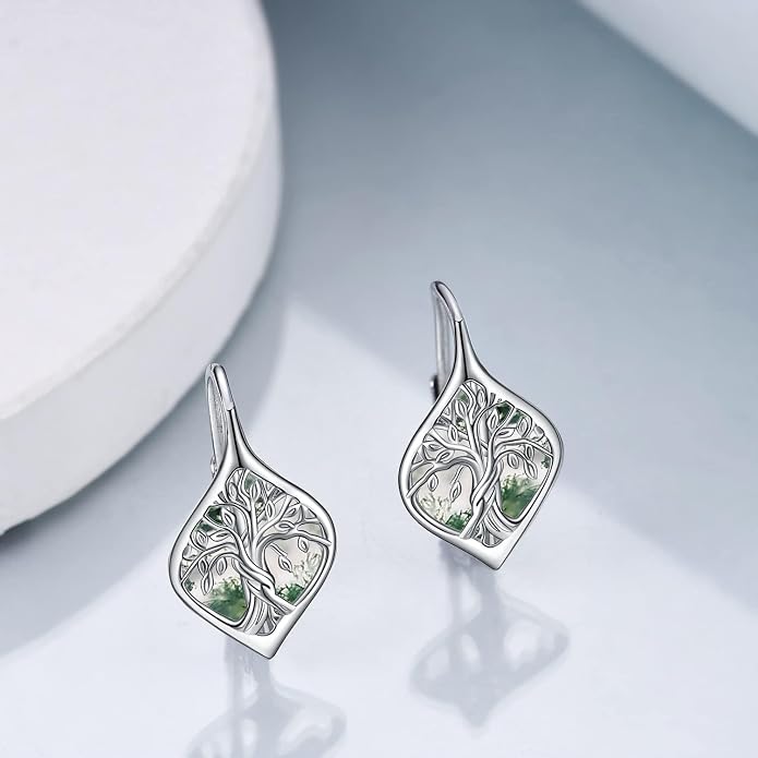WINNICACA Leverback Earrings for Women 925 Sterling Silver Tree of Life Earrings Dangle Drop Turquoise Moonstone Moss Agate Heart Jewelry Gifts for Women Her Wife Anniversary Birthday Gifts