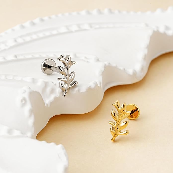 FINE4U 1PC Leaf Flat Back Stud Flat, Helix, Conch, Tragus 6mm 8mm - ASTM F136 Titanium Screw on Body Piercing Jewelry