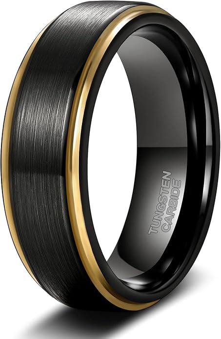 TRUMIUM 6mm 8mm Tungsten Rings for Men Women Black Wedding Band 24K Gold Plated/Rose Gold Plated Step Edges Comfort Fit Size 6-13