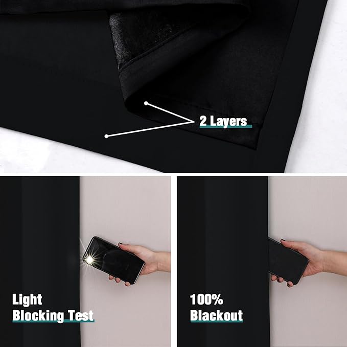 ChrisDowa 100% Blackout Curtains for Bedroom 72 Inches Long 2 Panels Set | 2 Thick Layers, Thermal Insulated, Light Blocking, Grommet, Window Treatment, Living Room Drapes, Black, 42 x 72 Inch