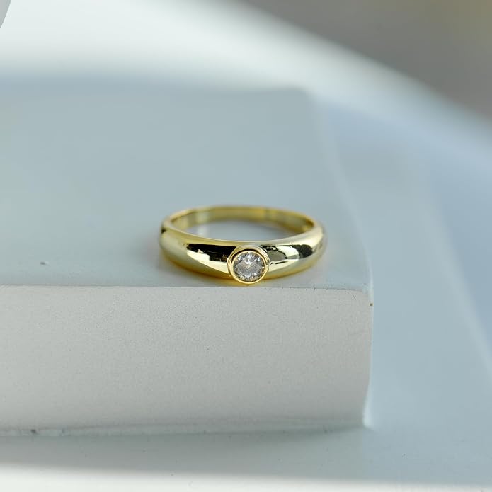 LEMON GRASS Bezel Set Round CZ Thin Dome Ring | Minimalist Stacking Band Signet Ring in Gold