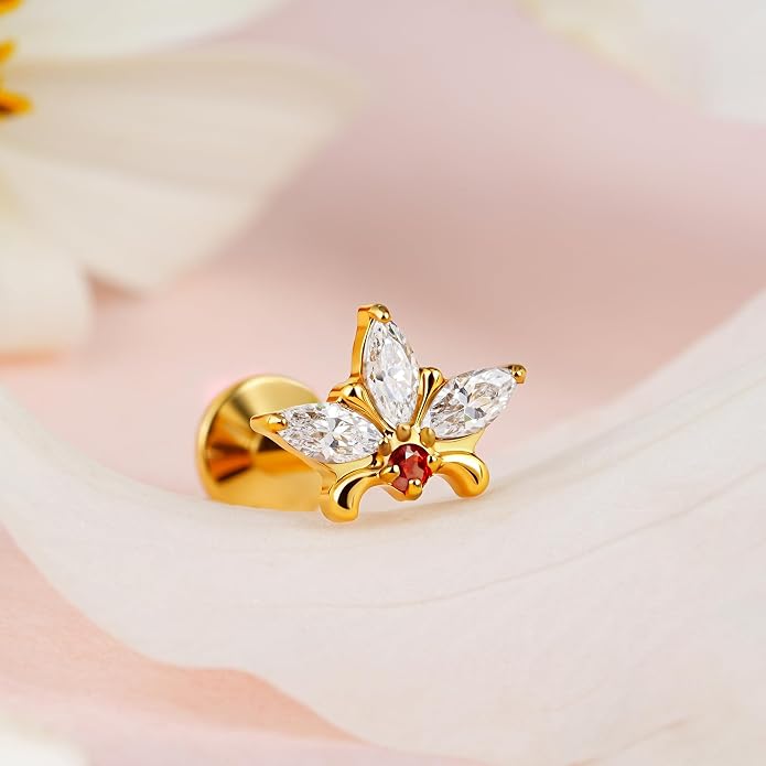 FINE4U ASTM F136 Titanium Piercing Jewelry Stud - 16G 6mm 8mm Triple Marquise Lotus Flower Cartilage Earring, Hypoallergenic Flatback Bridal Jewelry