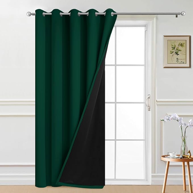 Yakamok Dark Green Blackout Patio Door Curtain Panels W70 x L84, 1 Panel | Noise Reducing Barrier Panel for Sliding Glass Door, 2 Thick Layers Heat Full Light Blocking Patio Door Drapery