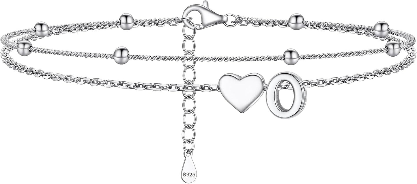 PROSILVER Ankle Bracelets for Women S925 Sterling Silver Anklets for Women Waterproof, Dainty Layered Heart Anklet, Beach Initial Anklet for Summer, Letter A-Z