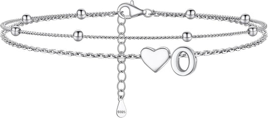 PROSILVER Ankle Bracelets for Women S925 Sterling Silver Anklets for Women Waterproof, Dainty Layered Heart Anklet, Beach Initial Anklet for Summer, Letter A-Z