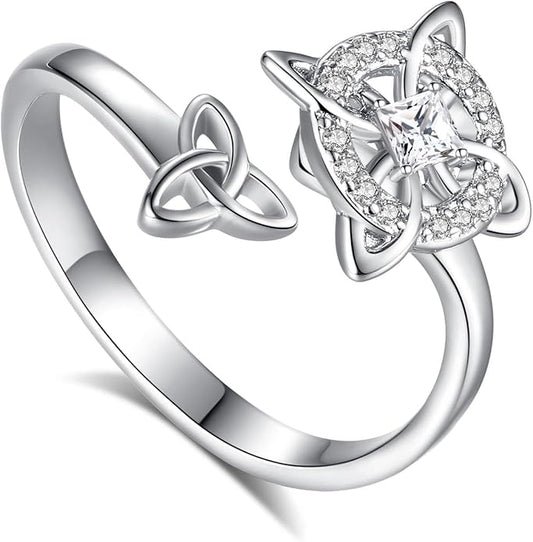 Vito 925 Sterling Silver Adjustable Open Spoon Ring for Women Men, Lotus Sunflower Snake Spoon Band Rings Feather Hug Witches Knot Inspirational Jewelry Gift for Wife