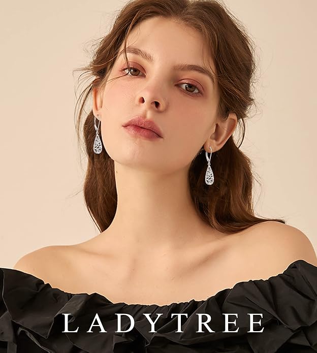 Sterling Silver Leverback Dangle Earrings for Women Teardrop Filigree 14K Gold Plated Dangly Earrings Mother’s Day Gift