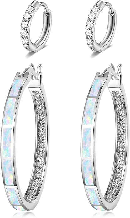 CiNily Opal Hoop Earrings,Women Jewelry Rhodium Plated/Rose Gold or Yellow Gold Plated Gemstone Big Hoop Earrings 32mm