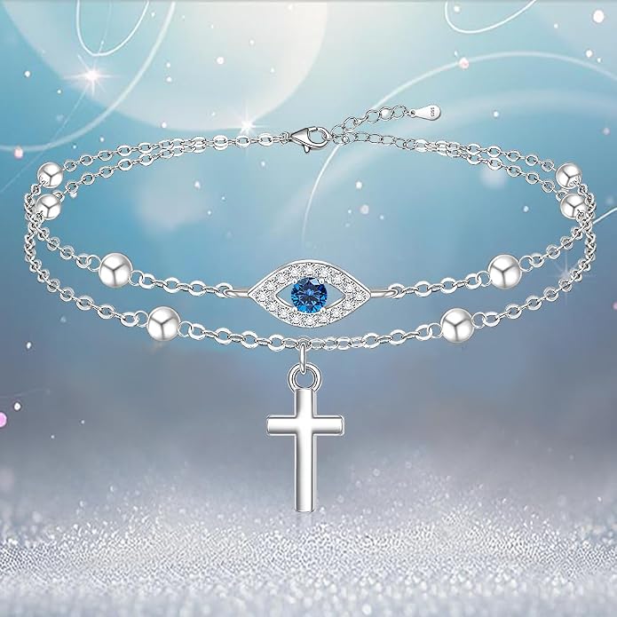Evil Eye Anklet Sterling Silver Infinity Lotus Flower Evil Eye Anklets for Women Ankle Bracelets Turkish Blue Eyes Protection Chain Jewelry