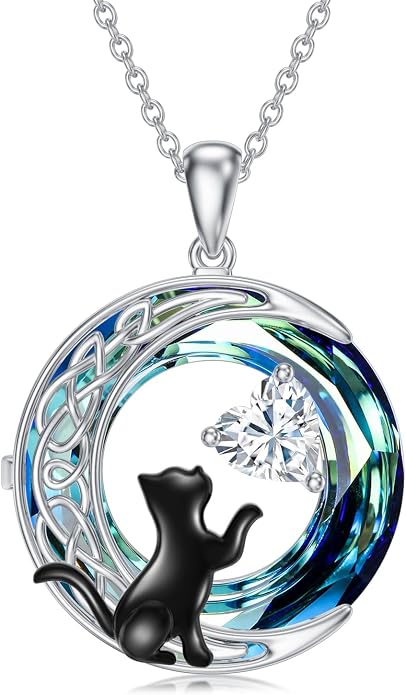 TOUPOP Cat Gifts for Cats Lovers 925 Sterling Silver Black Cat Necklace Celtic Moon Birthstone Jewelry for Women Anniversary Birthday Gift for Her Wife Mom