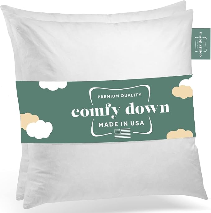 ComfyDown 18x18 Throw Pillow Inserts (Set of 2), Down & Feather Fill, 100% Cotton Cover, Made in USA – Premium Soft Decorative Pillow Forms Sham Stuffers for Bed, Sofa & Couch