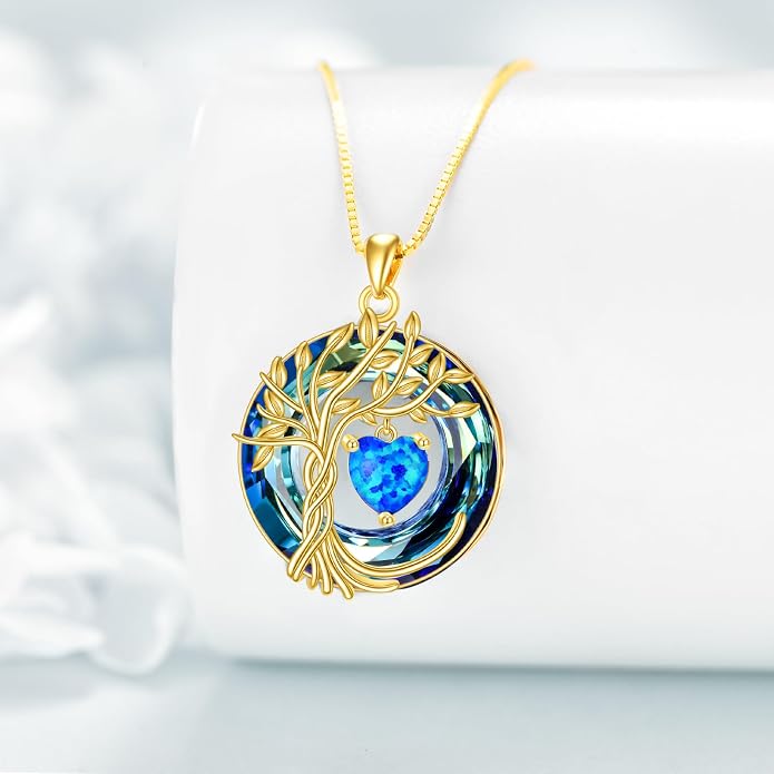 POPLYKE Mothers Day Gifts for Mom Her Wife Tree of Life Necklace 925 Sterling Silver Birthstone Pendant with Crystal Anniversary Birthday Wedding Jewelry for Women
