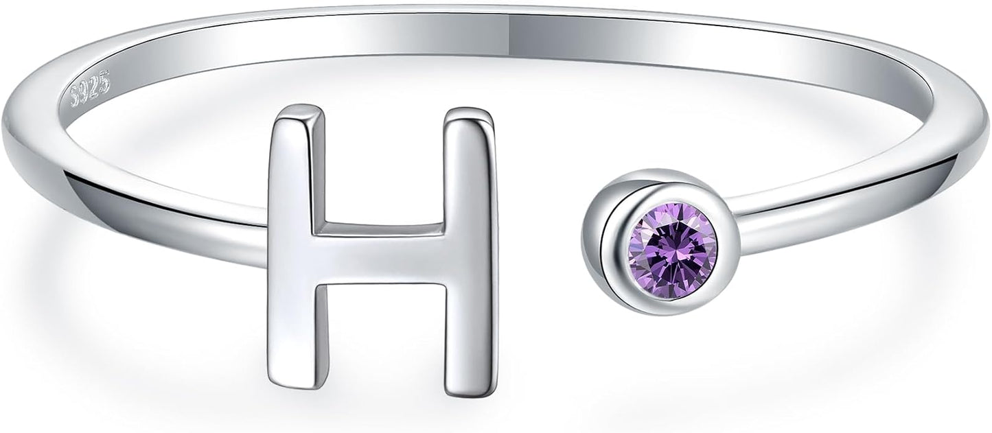 925 Sterling Silver Initial Letter Birthstone Rings for Women Adjustable 1-12 Month Birthstone Alphabet Stacking Ring for Teens Girls Stackable Birthstone Rings Birthday Jewelry Gift for Daughter Mom