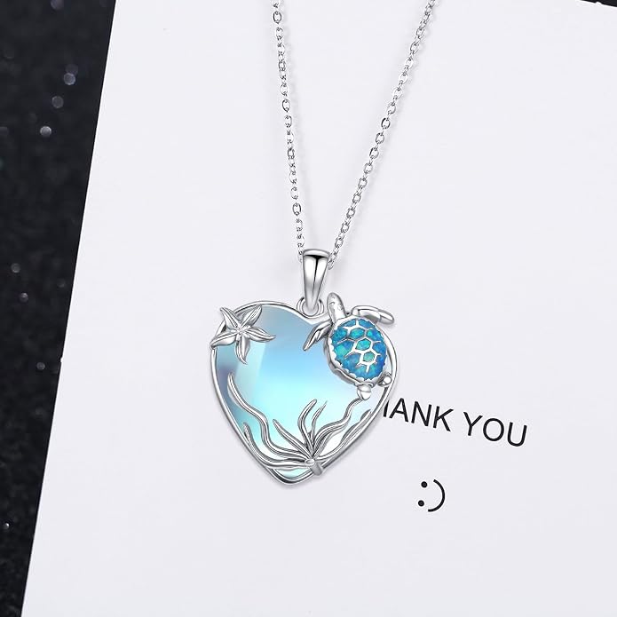 Sea Turtle/Seaweed Necklace for Women 925 Sterling Silver Heart of the Ocean Moonstone Pendant Necklace Turtle Moonstone Jewelry Gift for Wife Mom