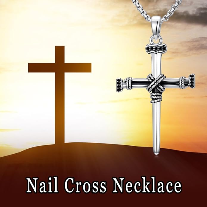 Crown of Thorns Necklace for Men 925 Sterling Silver Nail Cross Necklace Pendant Religious Christian Jewelry Valentines Day Gifts for Men