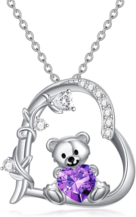 PELOVNY Teddy Bear Necklace for Women 925 Sterling Silver Bear/Highland Cow/Fox/Cat/Axolotl Birthstone Necklace Christmas Birthday Jewelry Gifts for Mom Daughter Wife Sister