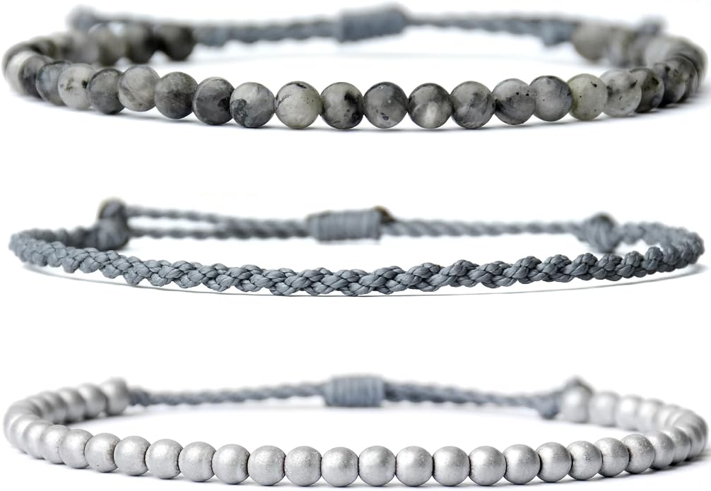 Mezcla Vida 3 Pcs Handmade Natural Gemstone Beaded Bracelet, Adjustable Waterproof Rope Bracelet Set, Valentines Day Birthday Gifts for Boyfriend Husband Him