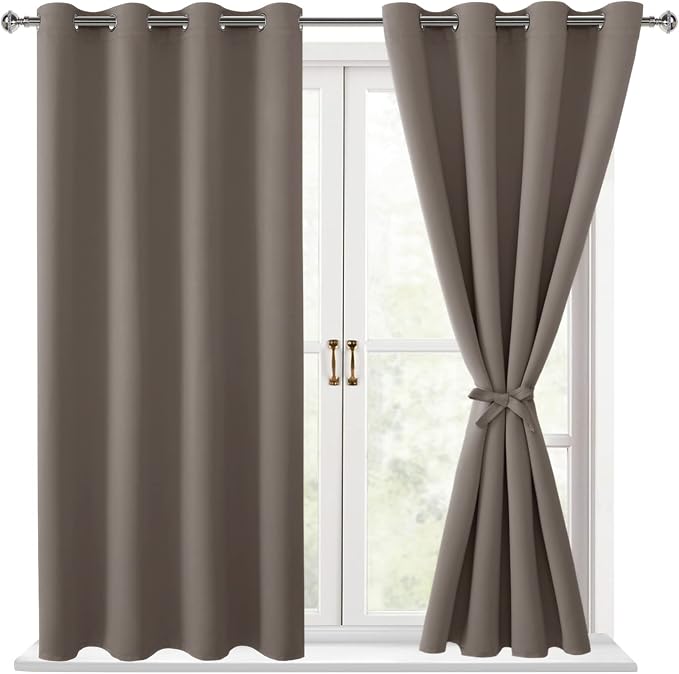 Hiasan Blackout Curtains for Bedroom, 52 x 54 Inches Long - Thermal Insulated & Light Blocking Window Curtains for Living Room/Kids Room, 2 Drape Panels Sewn with Tiebacks, Tan