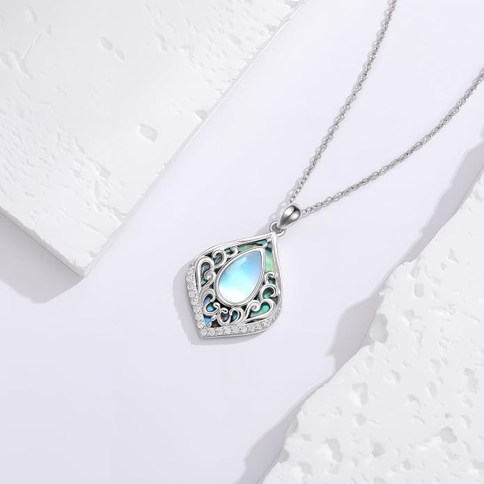 HPQQ Filigree Gemstone Necklace 925 Sterling Silver Teardrop Bohemian Necklace Abalone Shell Jewelry Birthday Gifts for Women