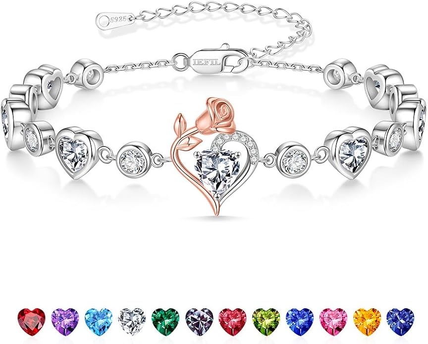 Iefil Birthstone Bracelets for Women - 925 Sterling Silver Rose Heart Charm Bracelets, Anniversary Birthday Gifts for Women Wife Mom Girlfriend Daughter, 6"+2"
