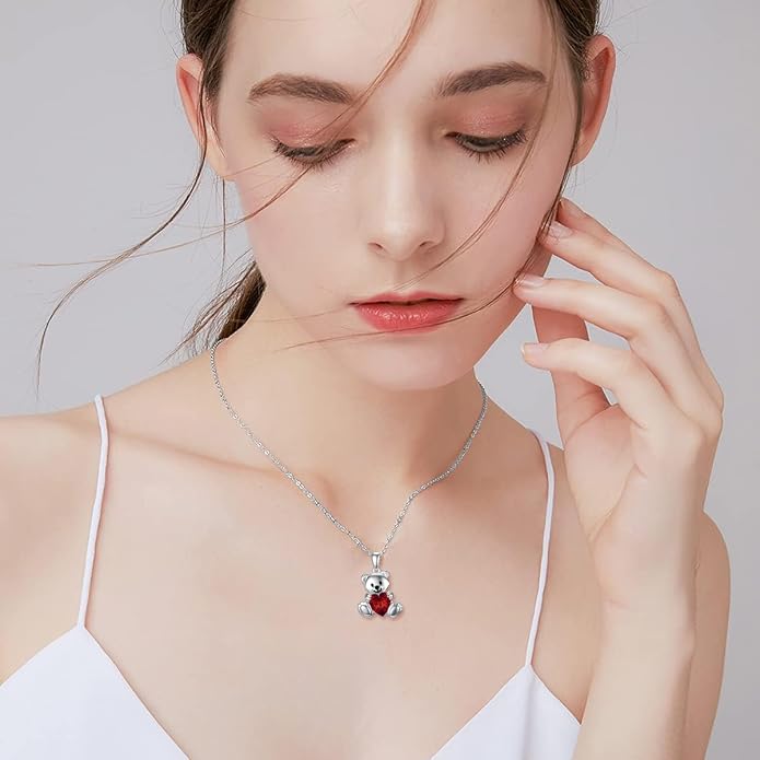 PELOVNY Teddy Bear Necklace for Women 925 Sterling Silver Bear/Highland Cow/Fox/Cat/Axolotl Birthstone Necklace Christmas Birthday Jewelry Gifts for Mom Daughter Wife Sister