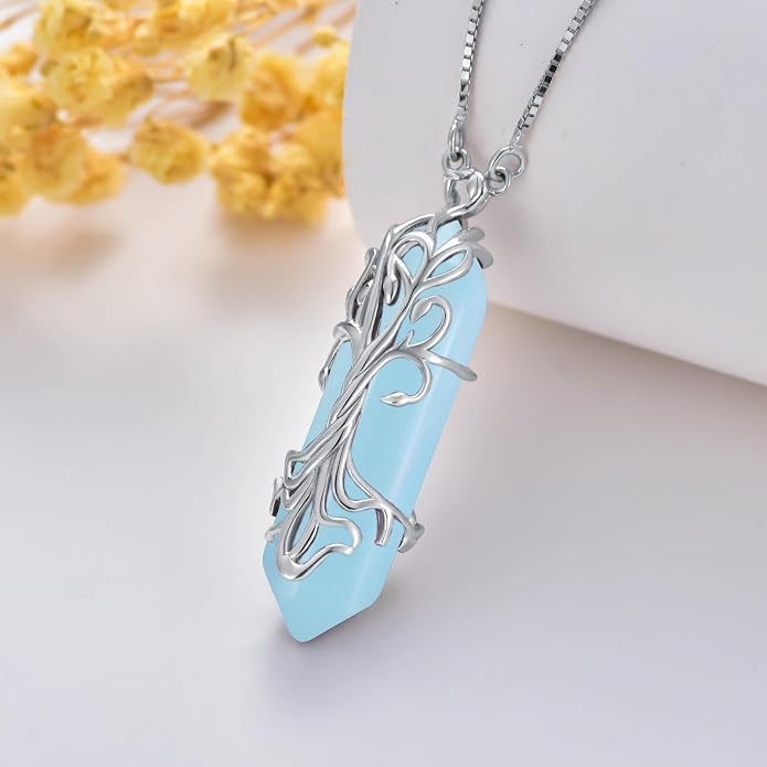 Healing Crystal Necklace 925 Sterling Silver Sunflower/Tree of Life Wrapped Pendant Reiki Energy Jewelry for Women