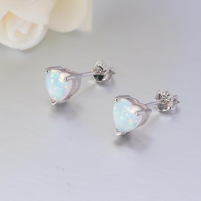 CiNily 925 Sterling Silver Stud Earrings for Women Teen, Heart Opal Stud Earrings, Dainty Cartilage Small Studs for Men, Heart Birthstone Earrings Lightweight Opal Jewelry for Mothers Day Birthday