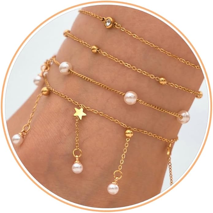 LOFITOR Ankle Bracelets for Women Glitter Waterproof Adjustable Anklet Set for Women 18K Gold Plated Silver Charm Dainty Layered Anklets, Summer Beach Anklet Jewelry for Women
