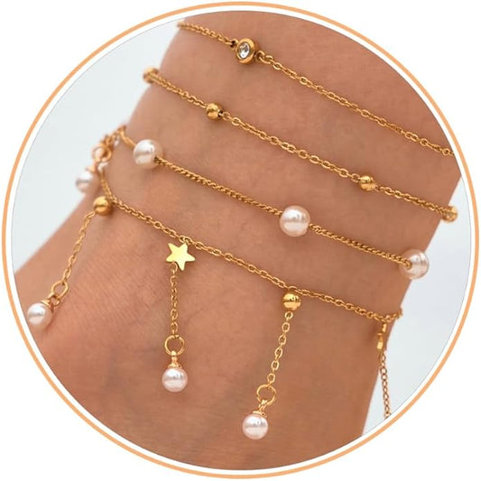 LOFITOR Ankle Bracelets for Women Glitter Waterproof Adjustable Anklet Set for Women 18K Gold Plated Silver Charm Dainty Layered Anklets, Summer Beach Anklet Jewelry for Women