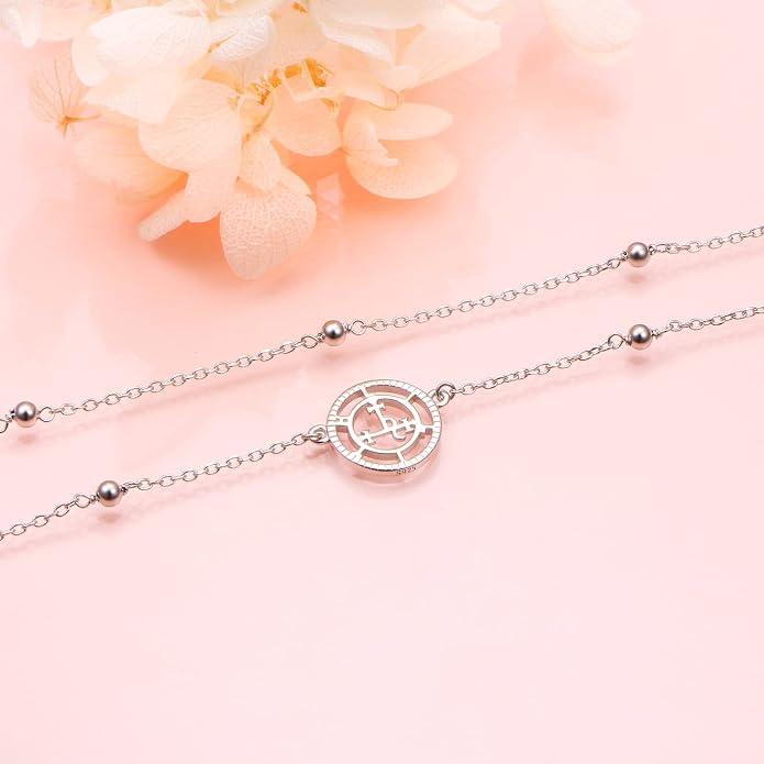Ladytree S925 Sterling Silver Boho Beach Double Layer Anklets Bracelet for Women Adjustable 9 to 11 inches