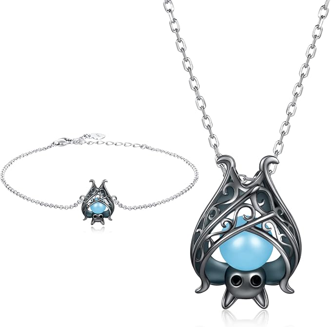 APOTIE 925 Sterling Silver Bat Necklace Bracelet Cute Animal Glowing in the Dark Halloween Jewelry Gift for Women Girl