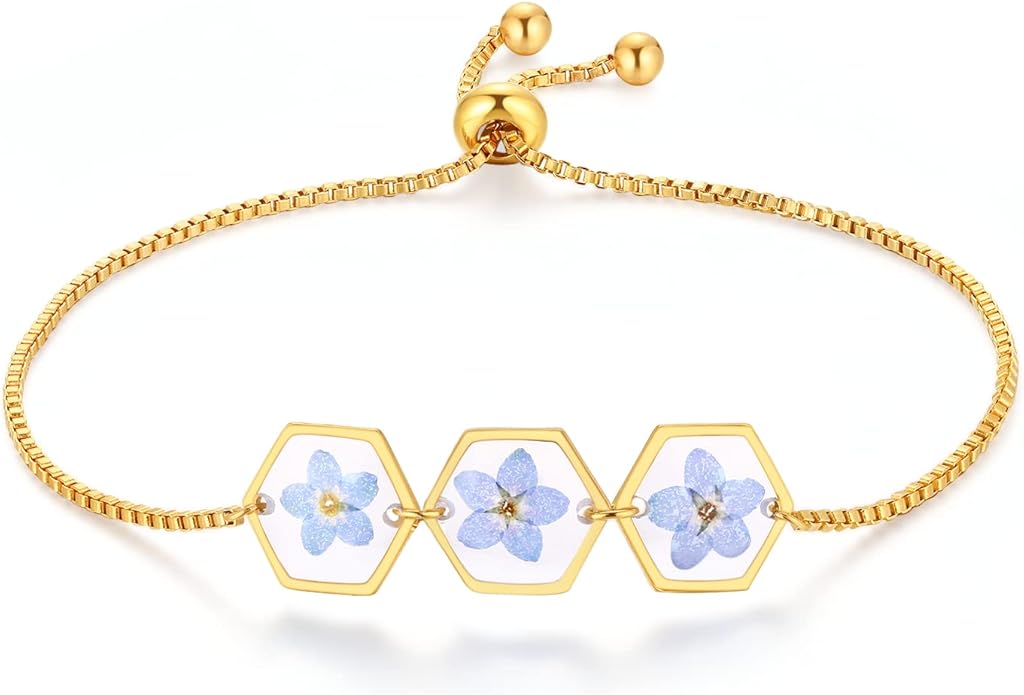 AUNTESIGN Forget-Me-Not Pressed Wildflower Bracelet | Pressed Flower Bracelet | Gold/Silver Pressed Flower Jewelry | Personalized Handmade Jewelry | Gift For Women