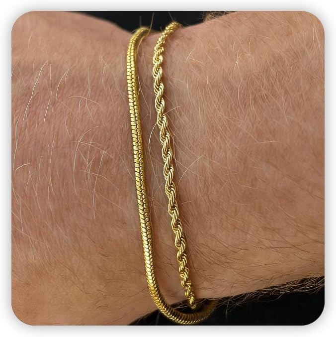 Gold Bracelets for Men Trendy - Dainty Gold Plated Stainless Steel Snake Link Bracelet Stack Rope Figaro Herringbone Chain Bracelets Set Adjustable Cuban Link Bracelet for Men Birthday Gifts for Man