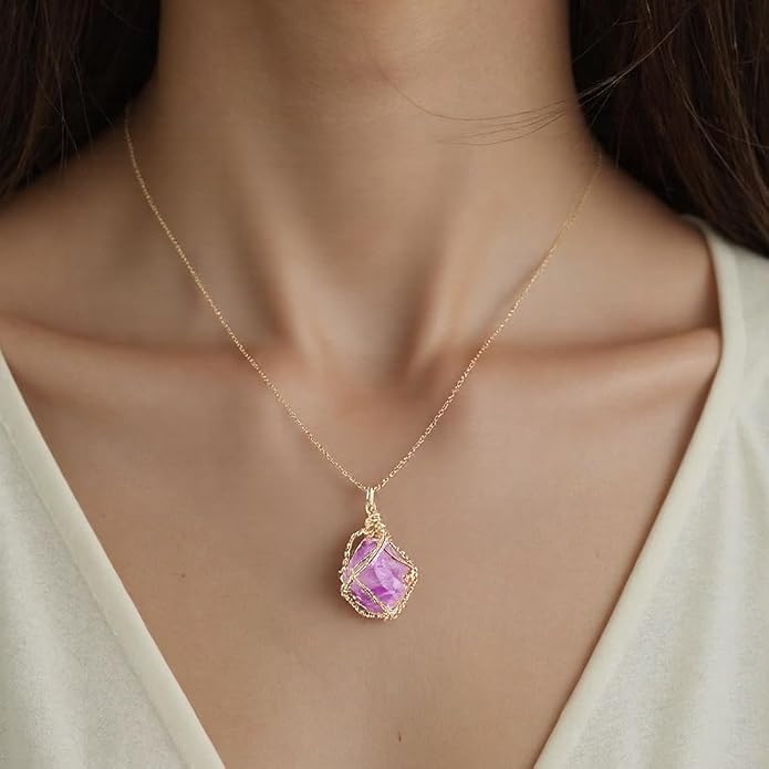 YGLINE Natural Raw Stone Healing Crystal Necklace Wire Wrapped Pendant for Womens Ladies