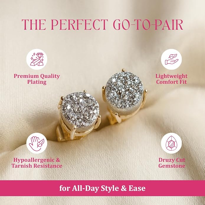 Gempires Gemstone Druzy Stud Earrings for Women 14k Gold Plated Handmade Prong Set Studs Raw Crystal Hypoallergenic Jewelry Minimalist Every Ocassion Gift