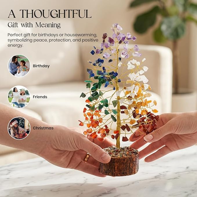 7 Chakra Tree of Life - Crystal Tree of Life, Gemstone Tree for Positive Energy, Feng Shui Tree Decor, Seven Chakra Tree, Money Tree Bonsai, Crystal Healing Stone Tree, Spiritual Gift Home Decor 10"
