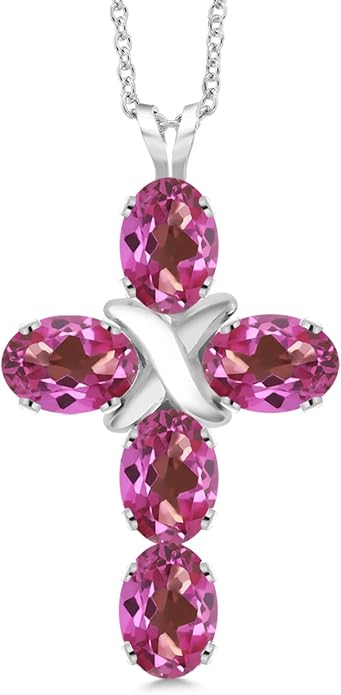 Gem Stone King Cross Pendant Necklace for Women | 925 Sterling Silver | 6X4MM Gemstone Birthstone | Jesus Christian Religious Crucifix Jewelry Gifts | 18 Inch Chain