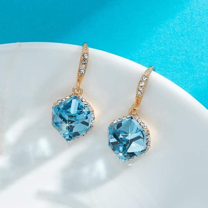 Austrian Crystal Cube Drop Dangle Earrings for Women 14K Gold Plated Hypoallergenic Jewelry