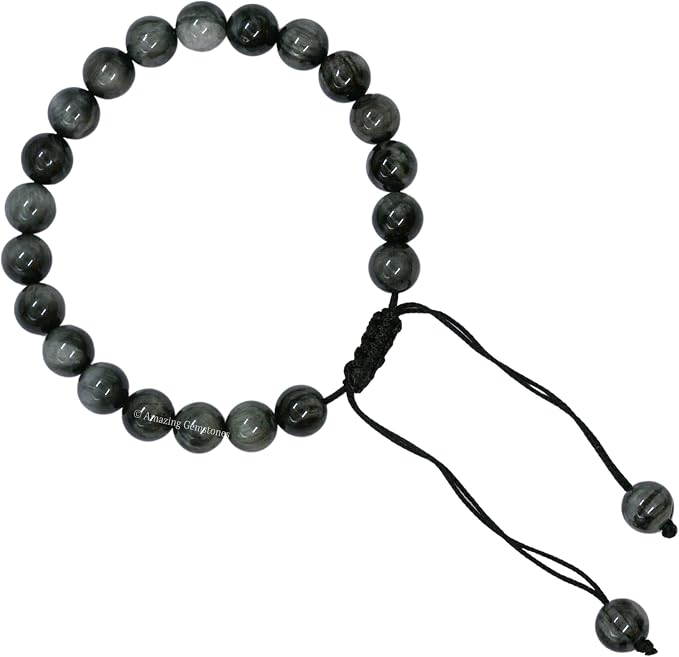 Amazing Gemstone Grey Cats Eye Bracelet, Gifts for Men & Women - Protection Healing Crystal Bracelet - 8mm Gemstone Beaded Adjustable Bracelet, Pulseras para Hombres Mujer Stocking Stuffers