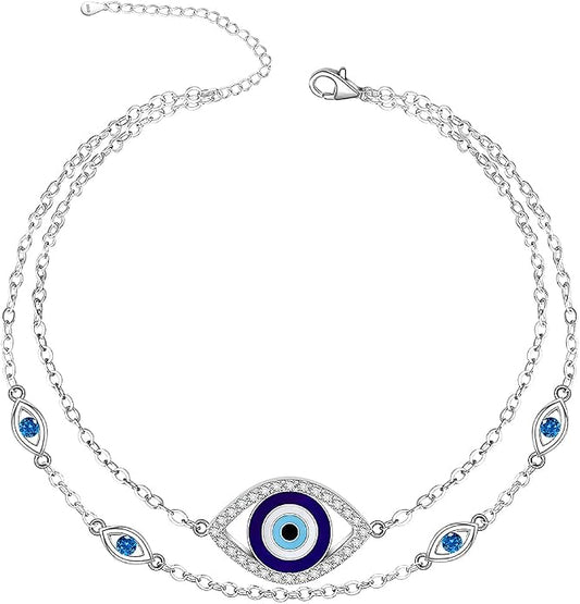 Evil Eye Anklet Sterling Silver Infinity Lotus Flower Evil Eye Anklets for Women Ankle Bracelets Turkish Blue Eyes Protection Chain Jewelry