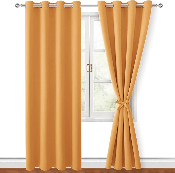 Hiasan Blackout Curtains for Bedroom, 52 x 84 Inches Long - Thermal Insulated & Light Blocking Window Curtains for Living Room, 2 Drape Panels Sewn with Tiebacks, Pumpkin Orange
