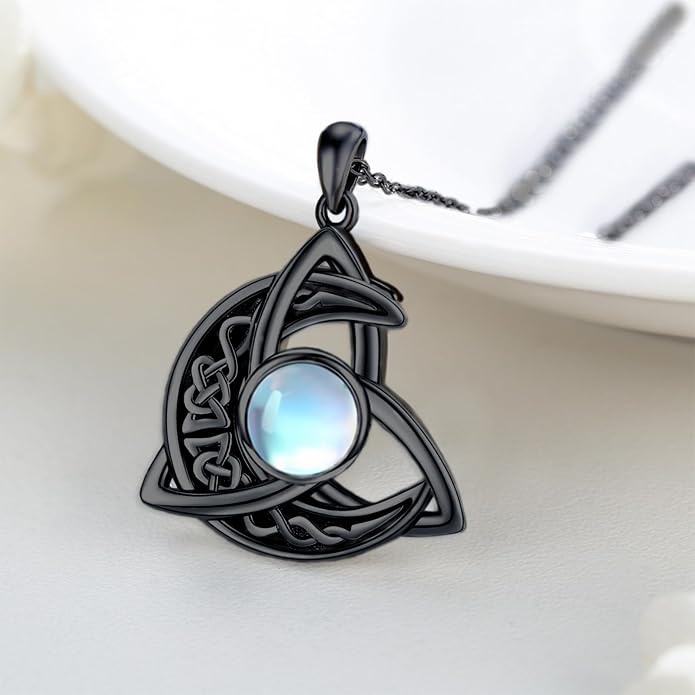 CHENGHONG Celtic Moon Necklace for Women 925 Sterling Silver Celtic Knot Moonstone Pendant Necklace Crescent Irish Necklaces Celtics Jewelry Gift for Women Men