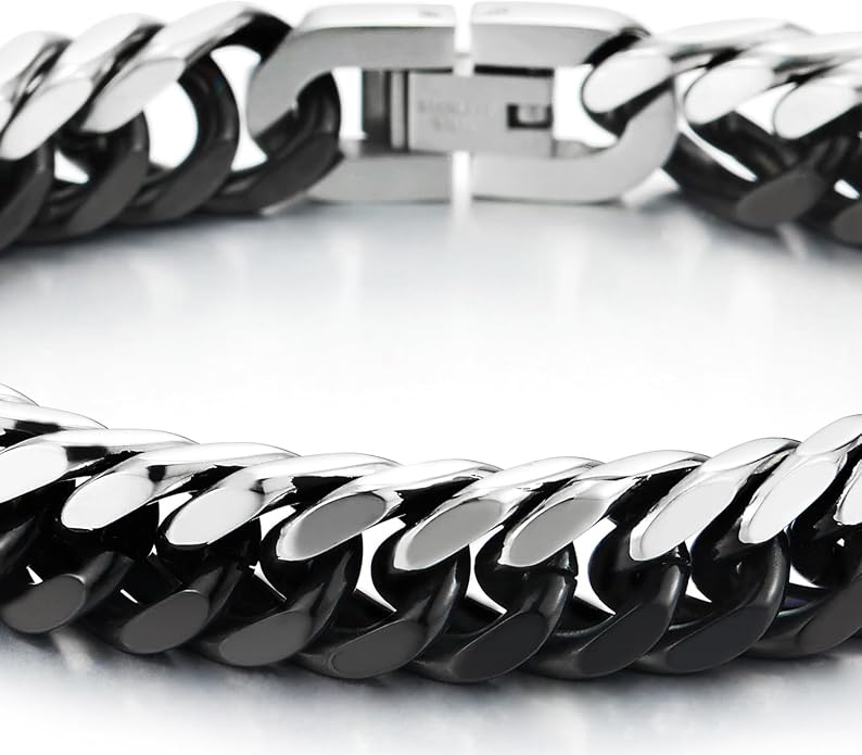 COOLSTEELANDBEYOND Mens Stainless Steel Two-tone Curb Chain Bangle Bracelet, Satin Finish