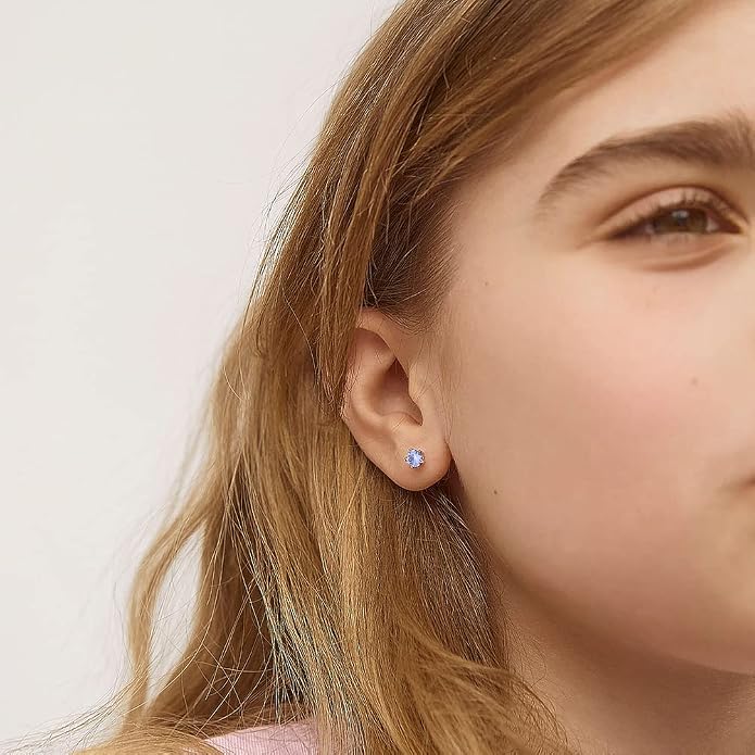 In Season Jewelry Solitaire Simulated Birthstone Kids Earrings - 925 Sterling Silver Hypoallergenic Earrings for Girls with Secure Screw Backs - Safe & Comfortable for Kids & Little Girls