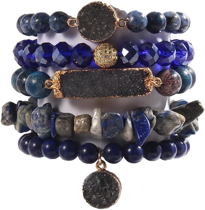 Yomisa 5PCS 6PCS Natural Boho Beaded Bracelets/Bangle for Women Men,Healing Turquoise Jasper Agate Crystal Gemstone Stone Chakra Multilayer Wrap Bohemian Handmade Jewelry Beads Stretch Bracelet Set