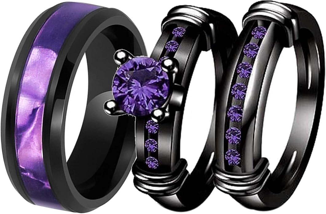 3pcs Matching Rings His and Hers Ring Couple Rings Pruple Cz Womens Wedding Ring Sets Wedding Bands