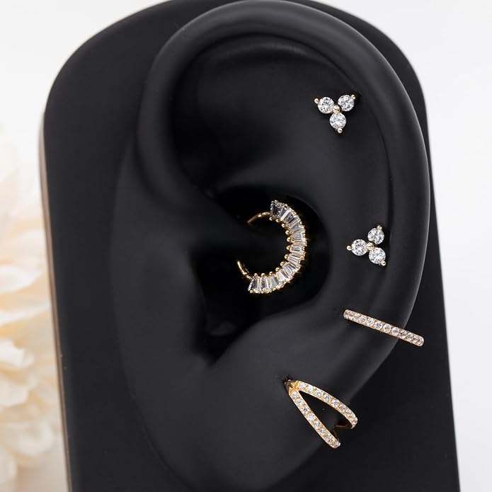14K Yellow/White/Rose Gold Threadless Earring Top Push in 1 Pcs Triple Clear CZ Flat Back Nose Stud Threadless Cartilage Earring Helix Stud Tragus Piercing Jewelry for Women 6mm/8mm